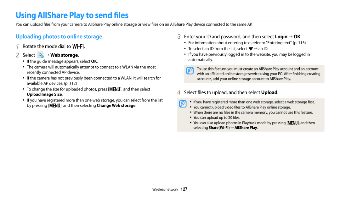 Samsung EC-WB250FFPBKZ manual Using AllShare Play to send files, Uploading photos to online storage, Select “ Web storage 