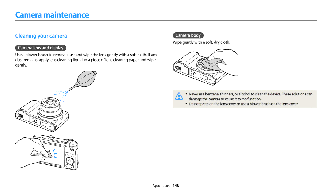 Samsung EC-WB250FFPWIL, EC-WB250FBPBFR manual Camera maintenance, Cleaning your camera, Camera lens and display, Camera body 