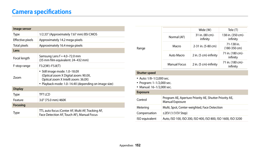 Samsung EC-WB250FBPAE1, EC-WB250FBPBFR, EC-WB250FFPBFR manual Camera specifications, Image sensor, Focusing, Exposure 