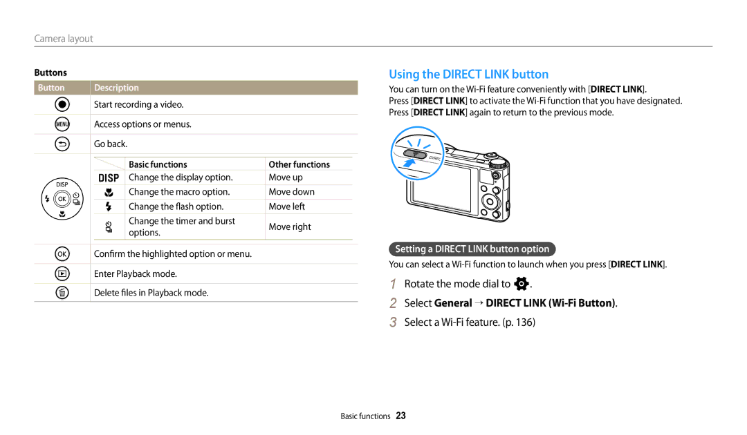 Samsung EC-WB250FBDBVN Using the Direct Link button, Rotate the mode dial to n, Select General “ Direct Link Wi-Fi Button 