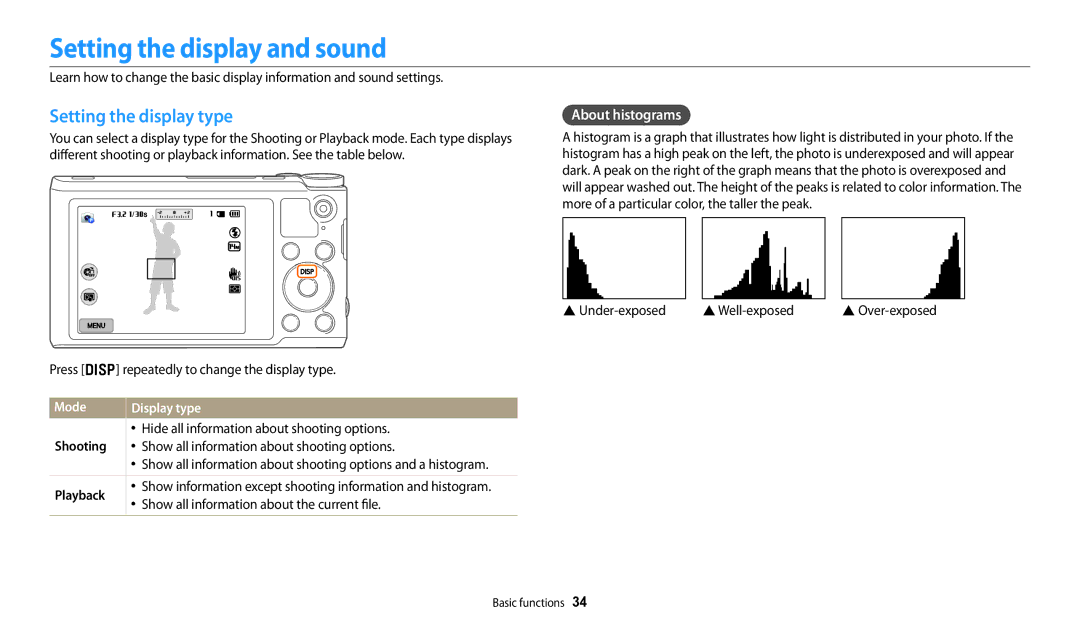 Samsung EC-WB252FBDBE3 manual Setting the display and sound, Setting the display type, About histograms, Mode, Playback 