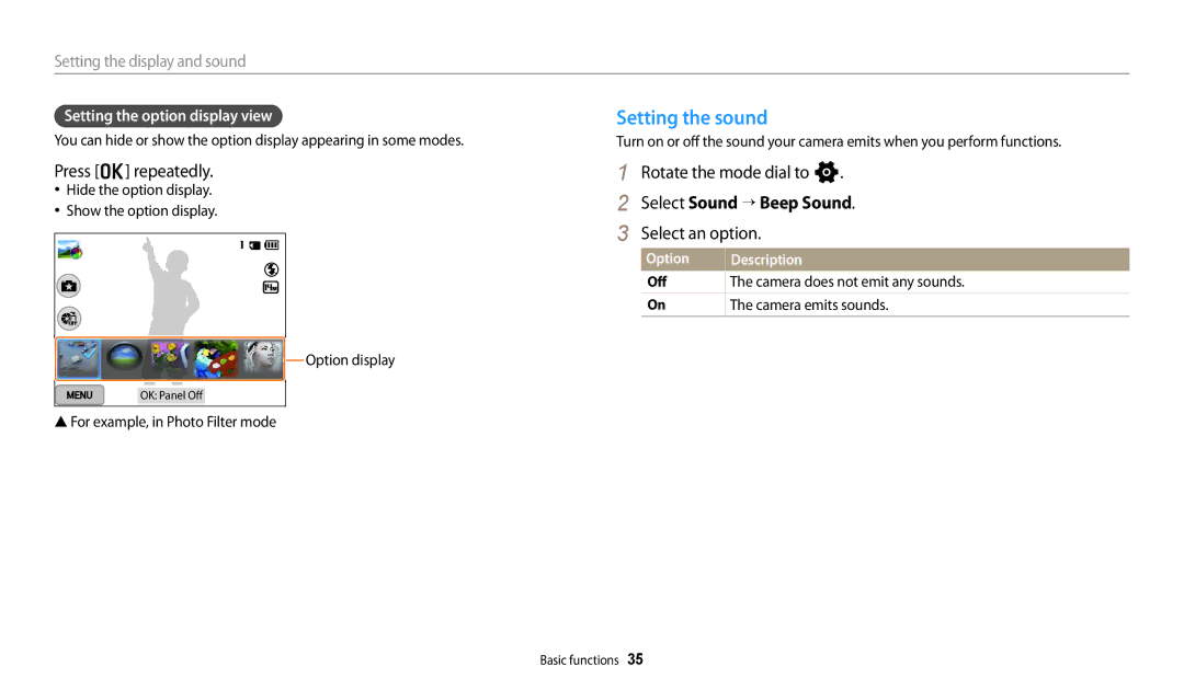 Samsung EC-WB250FBPBE2, EC-WB250FBPBFR Setting the sound, Press o repeatedly, Select Sound “ Beep Sound, Select an option 