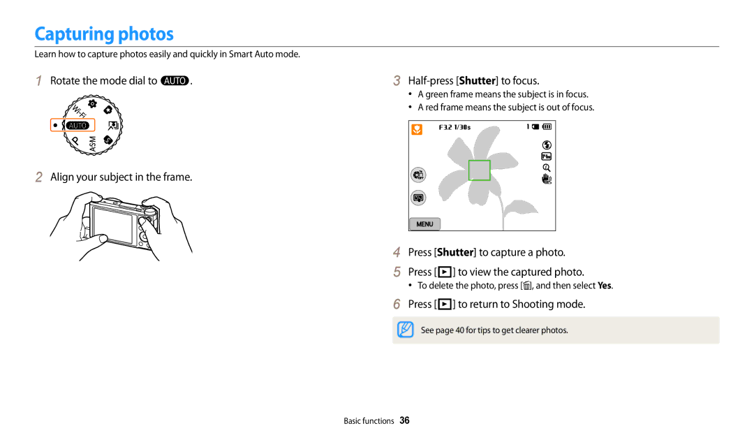 Samsung EC-WB250FBPWE2, EC-WB250FBPBFR, EC-WB250FFPBFR, EC-WB252FBDBFR Capturing photos, Press P to return to Shooting mode 