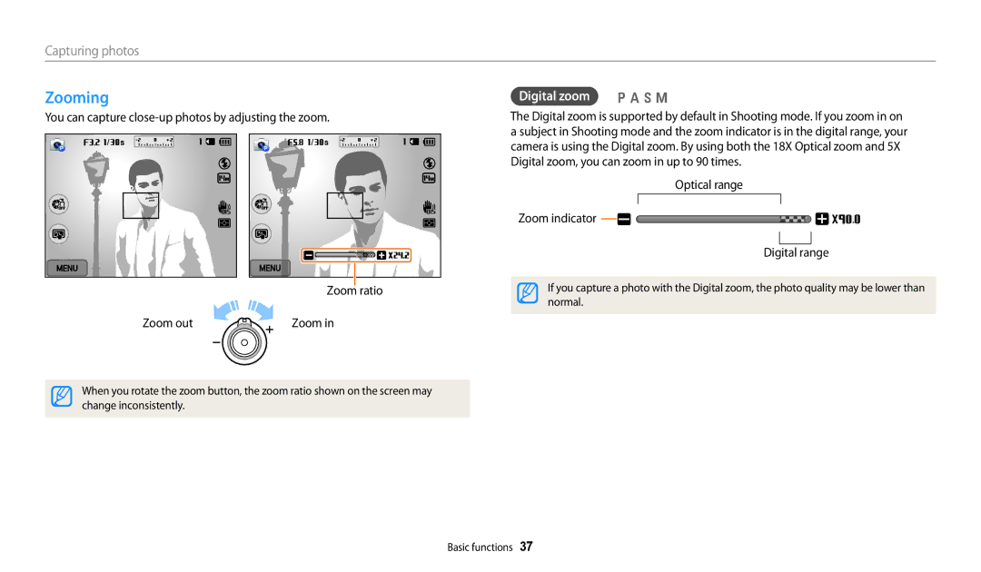 Samsung EC-WB252FFDWE2, EC-WB250FBPBFR manual Zooming, Digital zoom p a h M, Optical range Zoom indicator Digital range 