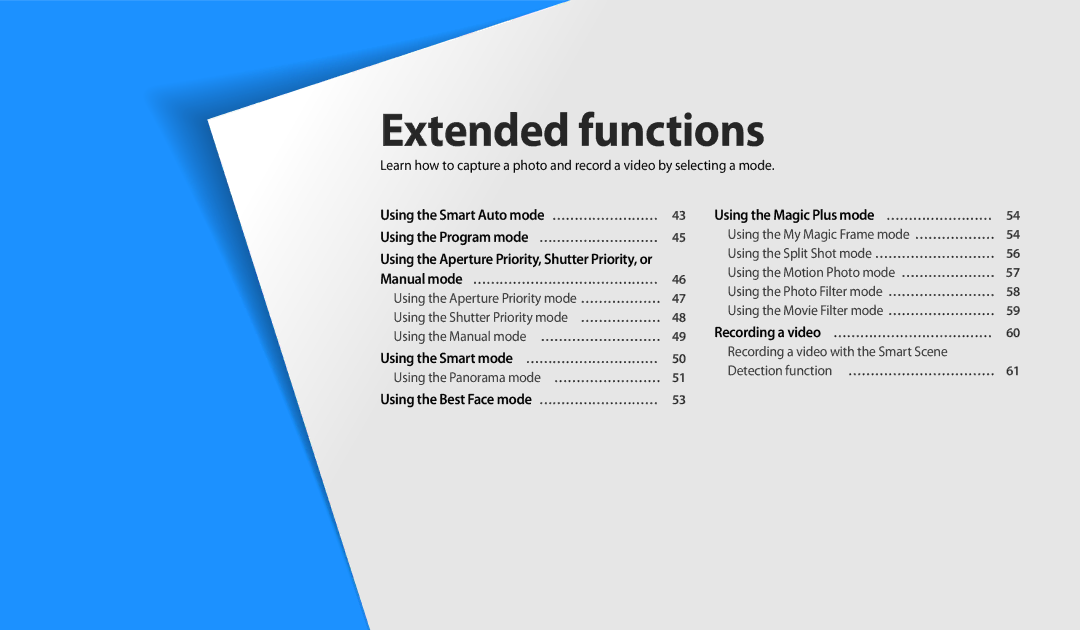 Samsung EC-WB252FBDWE2, EC-WB250FBPBFR, EC-WB250FFPBFR manual Extended functions, Using the Best Face mode ……………………… 