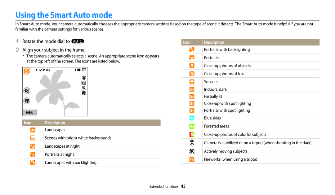 Samsung EC-WB250FBPAE2 manual Using the Smart Auto mode, Rotate the mode dial to T Align your subject in the frame 