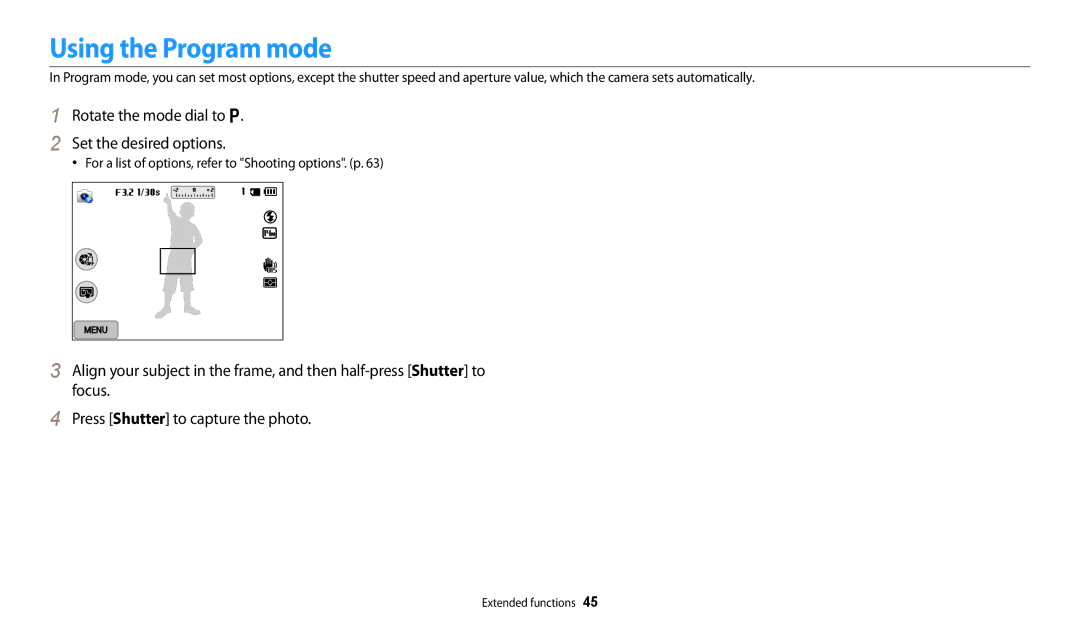 Samsung EC-WB250FFPRE2, EC-WB250FBPBFR manual Using the Program mode, Rotate the mode dial to p Set the desired options 