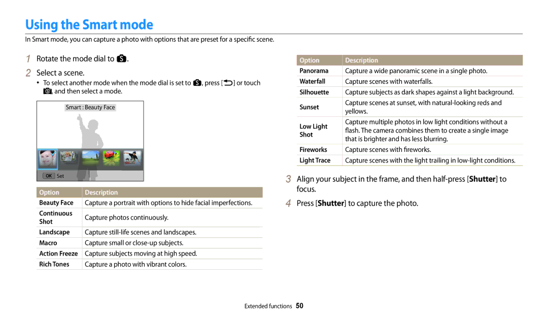 Samsung EC-WB252FBDWE3, EC-WB250FBPBFR Using the Smart mode, Rotate the mode dial to s Select a scene, Option Description 