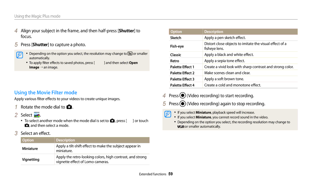 Samsung EC-WB250FFPARU manual Using the Movie Filter mode, Miniature, Vignette effect of Lomo cameras, Fisheye lens 