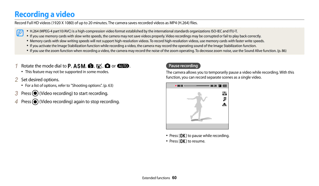 Samsung EC-WB251FFPBRU Recording a video, Rotate the mode dial to p, G, s, i, g or T, Set desired options, Pause recording 