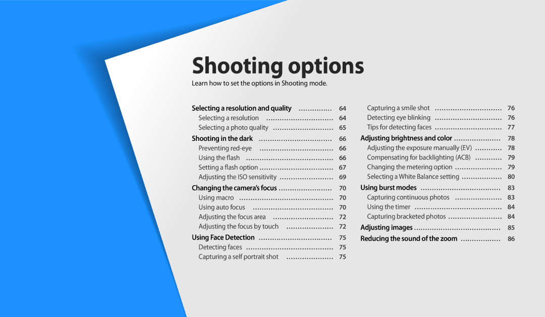 Samsung EC-WB250FBPWRU, EC-WB250FBPBFR manual Selecting a resolution and quality ……………, Changing the camera’s focus …………………… 