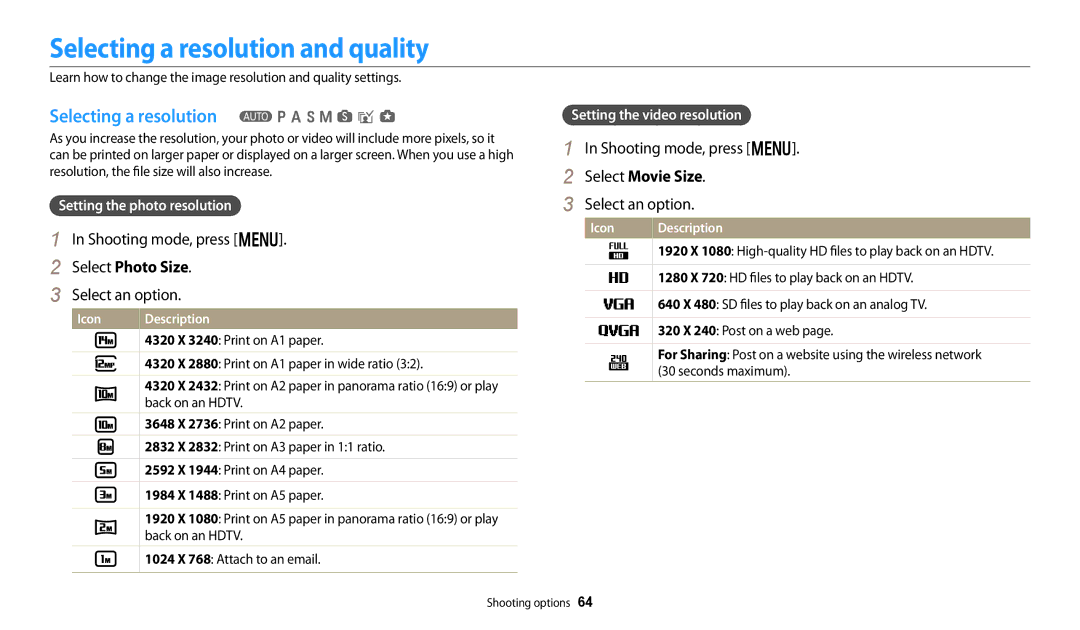 Samsung EC-WB250FBPRRU manual Selecting a resolution and quality, Selecting a resolution T p a h M s i g, Select Photo Size 