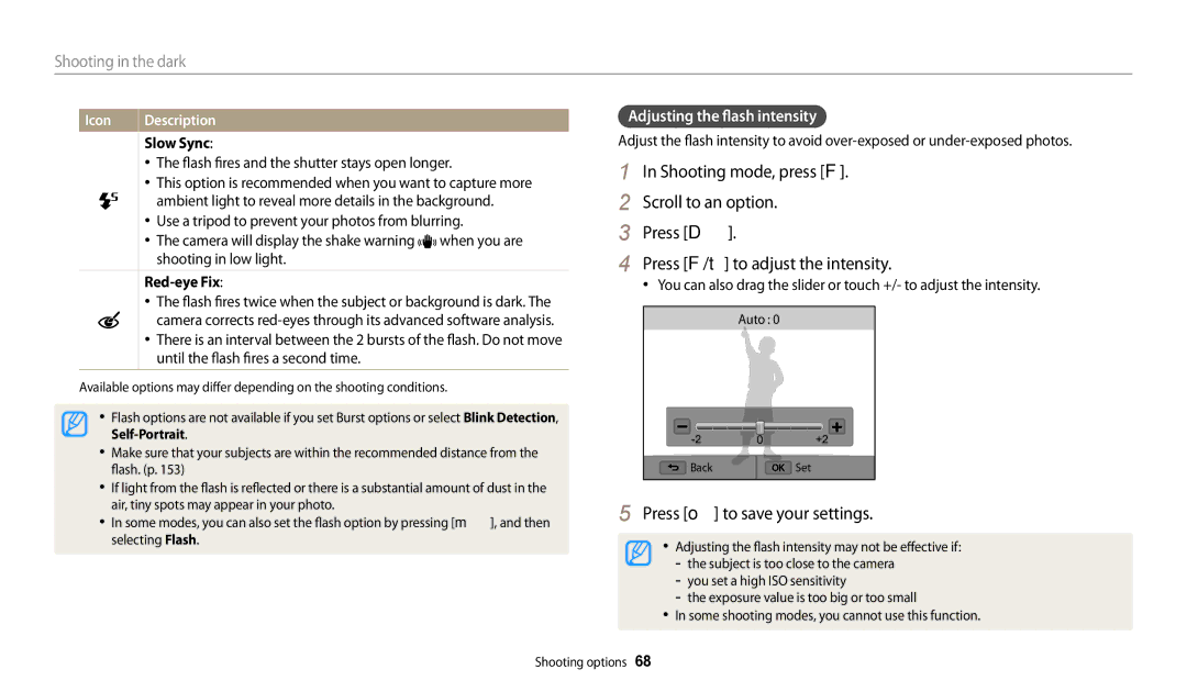 Samsung EC-WB250FFPRE1, EC-WB250FBPBFR, EC-WB250FFPBFR, EC-WB252FBDBFR Adjusting the flash intensity, Slow Sync, Red-eye Fix 