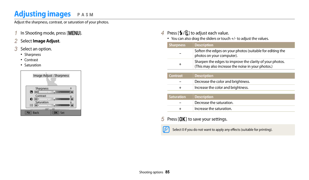 Samsung EC-WB250FBPBIL, EC-WB250FBPBFR manual Adjusting images p a h M, Select Image Adjust, Press F/t to adjust each value 