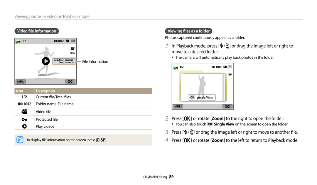 Samsung EC-WB250FBDRSA, EC-WB250FBPBFR manual Press o or rotate Zoom to the right to open the folder, Video file information 