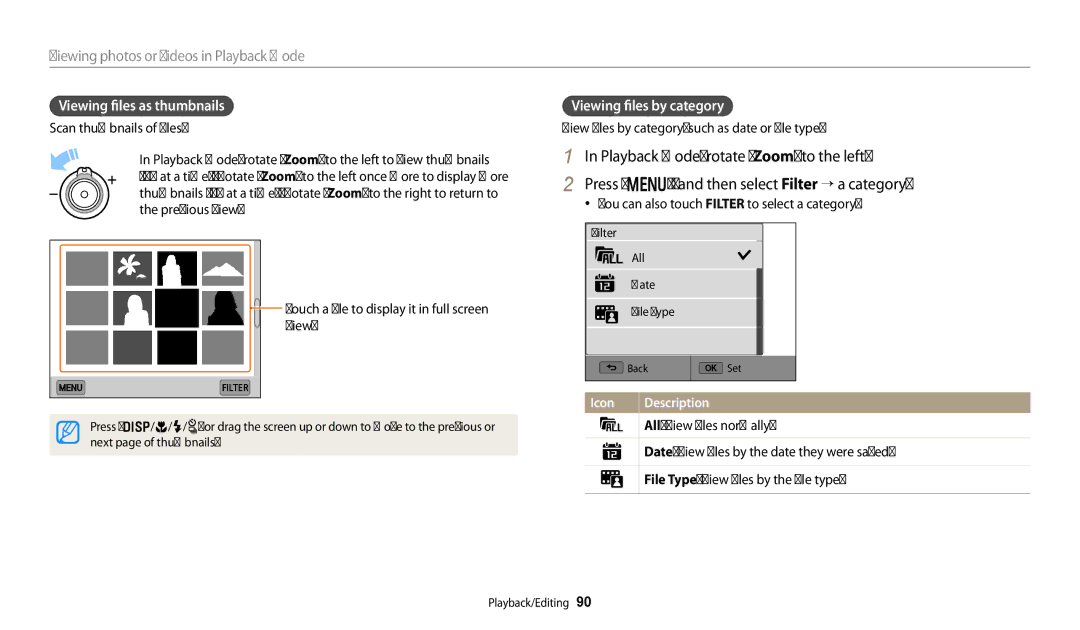 Samsung EC-WB250FBDWSA, EC-WB250FBPBFR, EC-WB250FFPBFR manual Viewing files as thumbnails, Viewing files by category 