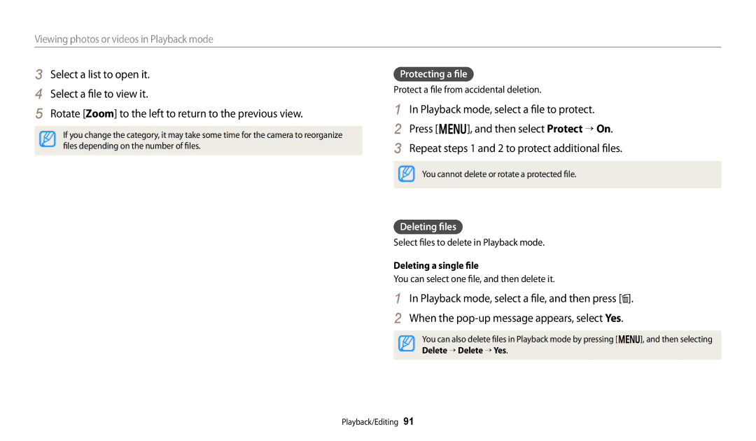 Samsung EC-WB250FBDBSA, EC-WB250FBPBFR, EC-WB250FFPBFR manual Protecting a file, Deleting files, Deleting a single file 