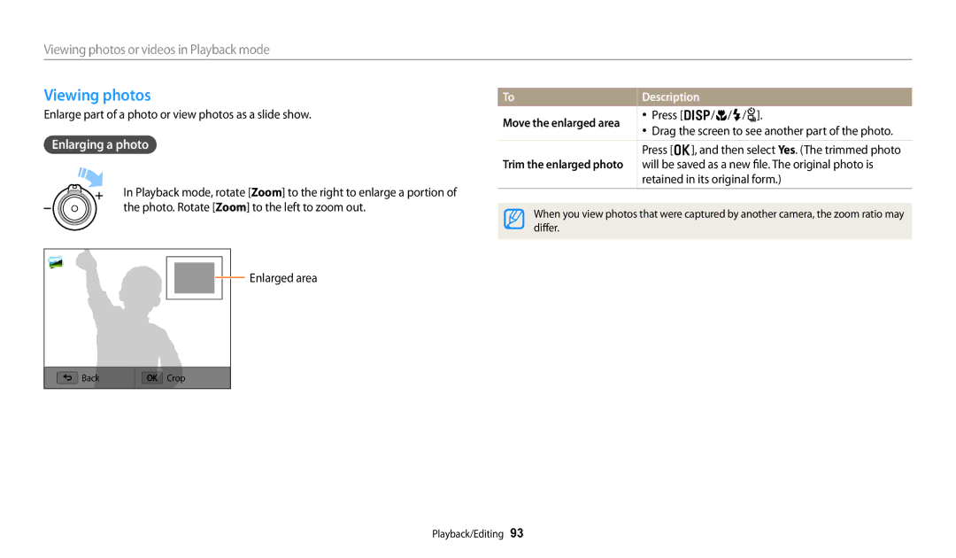 Samsung EC-WB250FFDBVN manual Viewing photos, Enlarging a photo, Enlarge part of a photo or view photos as a slide show 