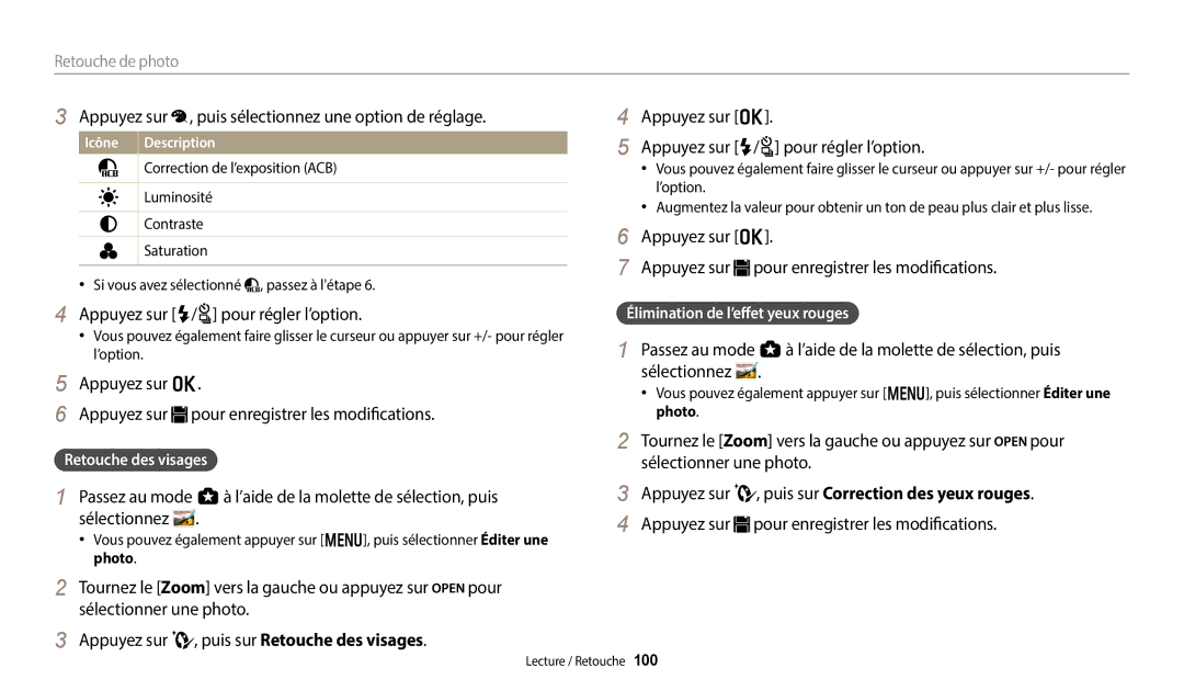 Samsung EC-WB250FFPWFR manual Appuyez sur , puis sélectionnez une option de réglage, Appuyez sur F/t pour régler l’option 