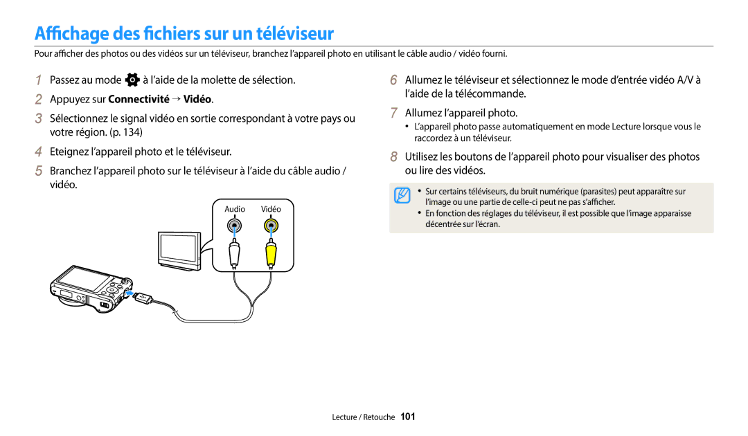 Samsung EC-WB250FBPBFR, EC-WB250FFPBFR manual Affichage des fichiers sur un téléviseur, Appuyez sur Connectivité “ Vidéo 