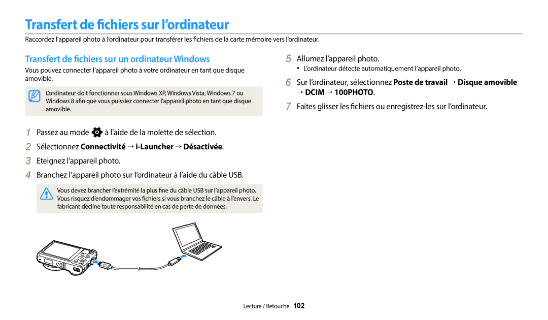 Samsung EC-WB250FFPBFR manual Transfert de fichiers sur l’ordinateur, Transfert de fichiers sur un ordinateur Windows 