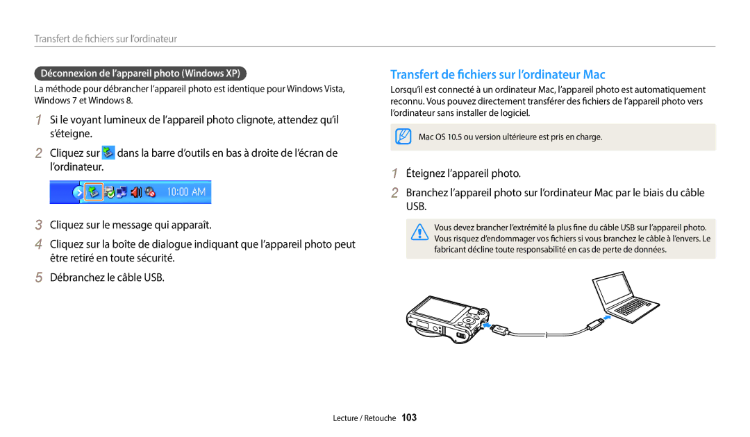 Samsung EC-WB252FBDBFR manual Transfert de fichiers sur l’ordinateur Mac, Déconnexion de l’appareil photo Windows XP 