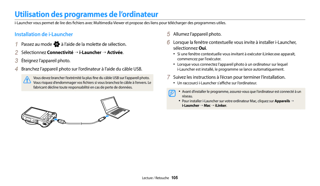 Samsung EC-WB252FBDWFR, EC-WB250FBPBFR manual Utilisation des programmes de l’ordinateur, Installation de i-Launcher 