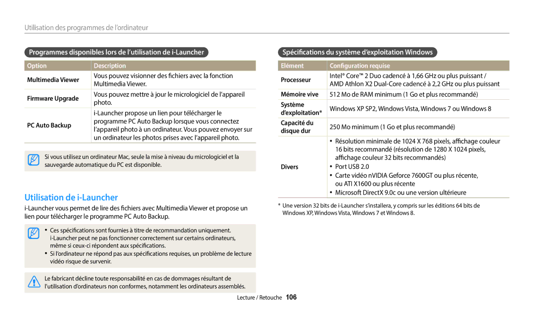 Samsung EC-WB250FFPWFR manual Utilisation de i-Launcher, Programmes disponibles lors de l’utilisation de i-Launcher 