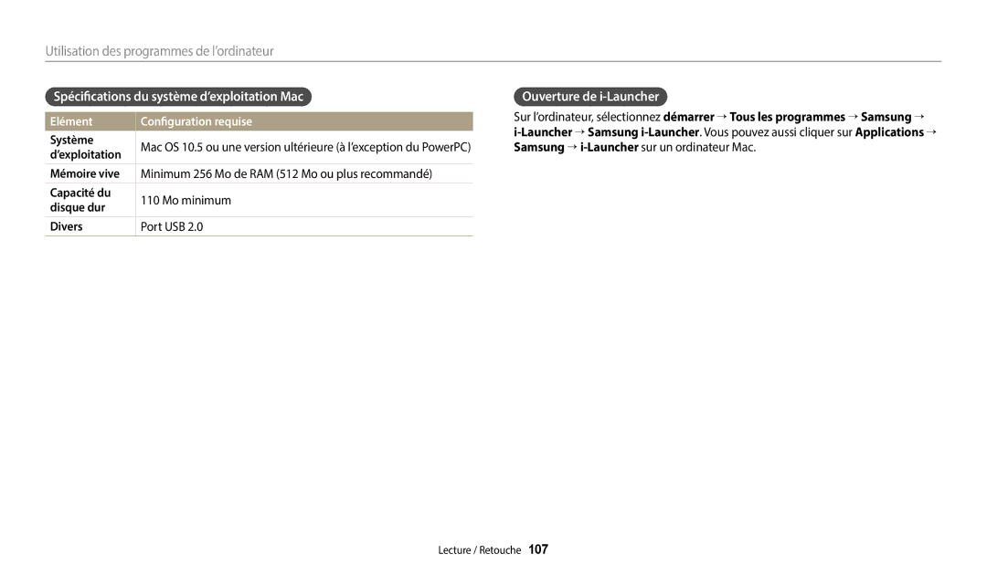 Samsung EC-WB250FBPBFR, EC-WB250FFPBFR manual Spécifications du système d’exploitation Mac, Ouverture de i-Launcher 