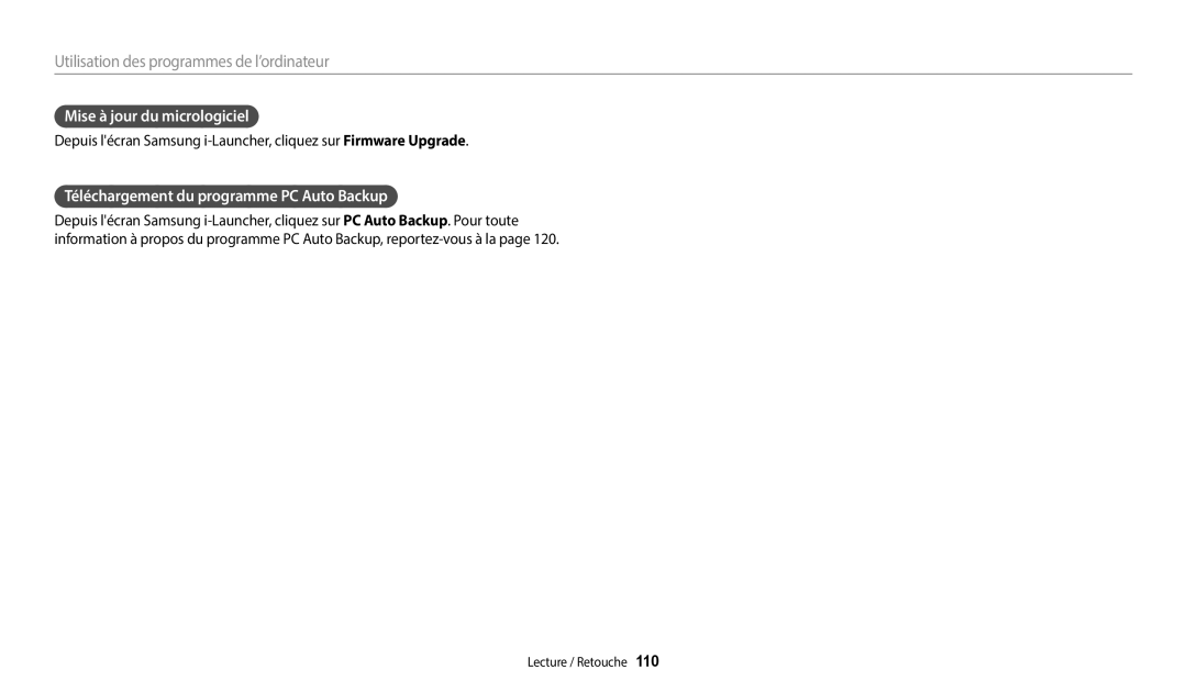 Samsung EC-WB250FBPWFR, EC-WB250FBPBFR manual Mise à jour du micrologiciel, Téléchargement du programme PC Auto Backup 