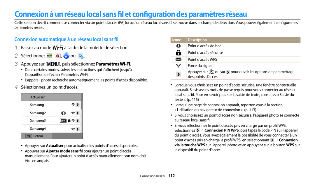 Samsung EC-WB250FFPWFR, EC-WB250FBPBFR Connexion automatique à un réseau local sans fil, Sélectionnez un point d’accès 