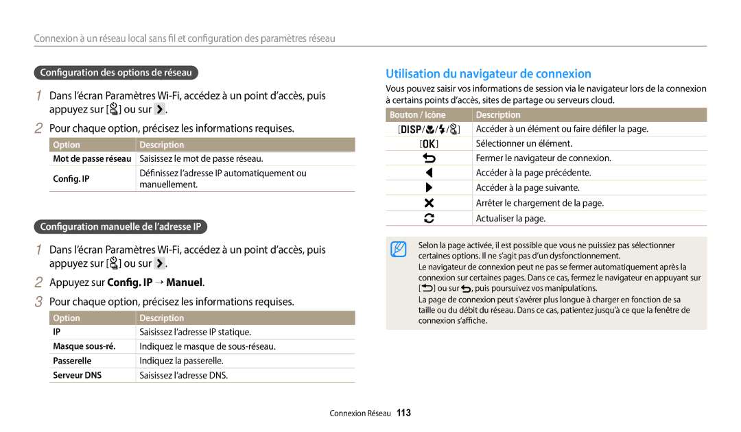 Samsung EC-WB250FBPBFR manual Utilisation du navigateur de connexion, Appuyez sur t ou sur, Appuyez sur Config. IP “ Manuel 