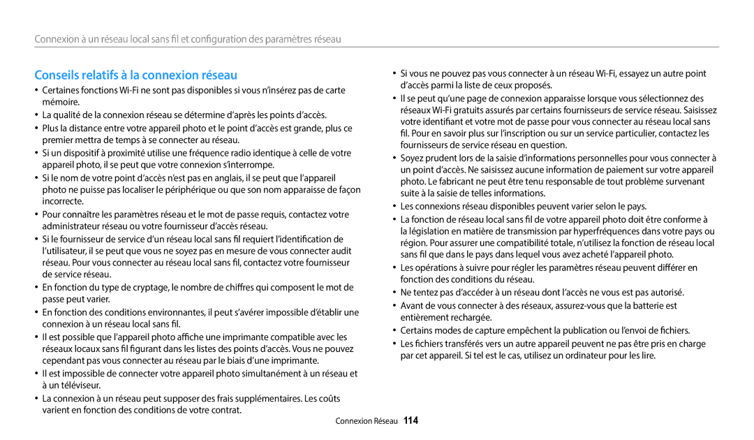 Samsung EC-WB250FFPBFR, EC-WB250FBPBFR, EC-WB252FBDBFR, EC-WB250FBPWFR manual Conseils relatifs à la connexion réseau 