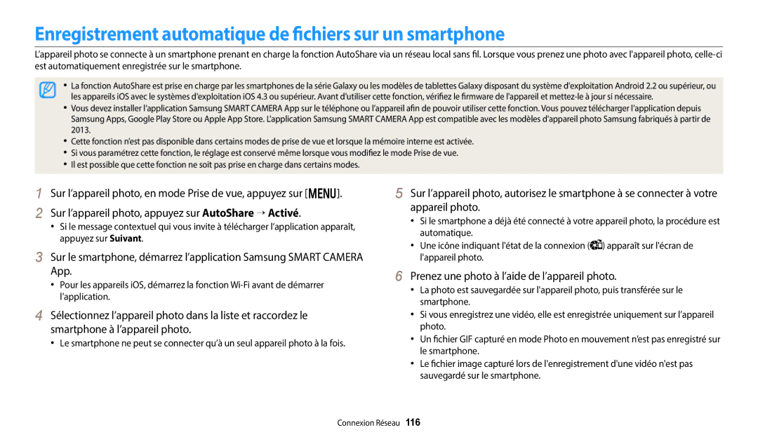 Samsung EC-WB250FBPWFR, EC-WB250FBPBFR, EC-WB250FFPBFR manual Enregistrement automatique de fichiers sur un smartphone 