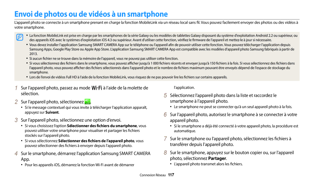 Samsung EC-WB252FBDWFR Envoi de photos ou de vidéos à un smartphone, Sur l’appareil photo, sélectionnez une option d’envoi 