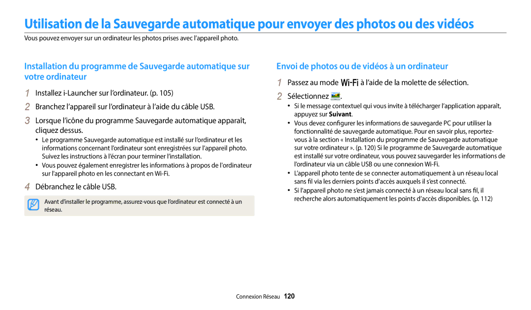 Samsung EC-WB250FFPBFR, EC-WB250FBPBFR manual Envoi de photos ou de vidéos à un ordinateur, Débranchez le câble USB 