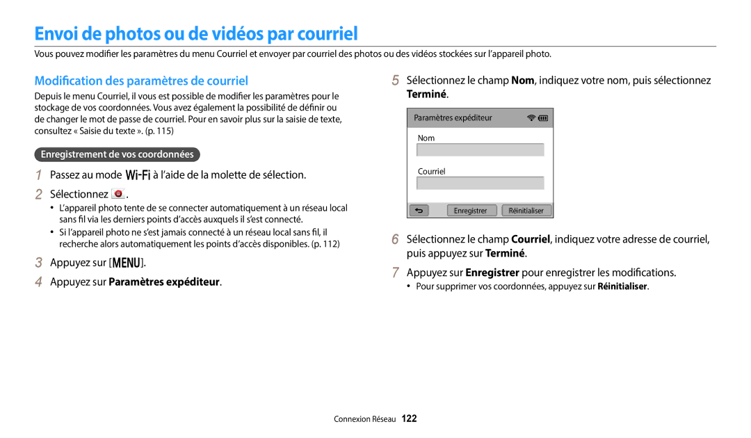 Samsung EC-WB250FBPWFR, EC-WB250FBPBFR Envoi de photos ou de vidéos par courriel, Modification des paramètres de courriel 