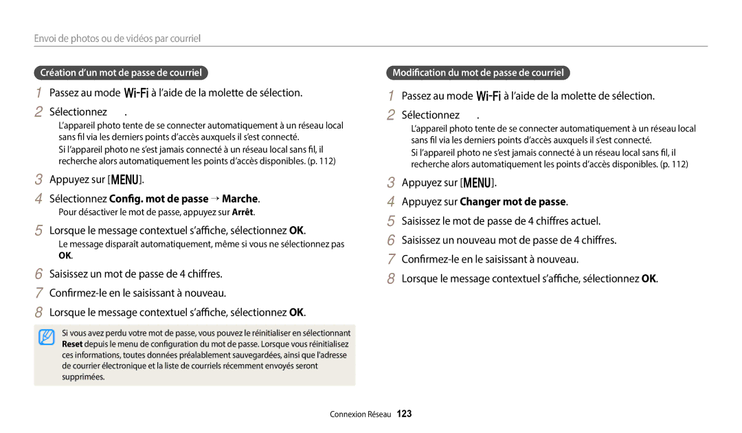 Samsung EC-WB252FBDWFR, EC-WB250FBPBFR manual Sélectionnez Config. mot de passe “ Marche, Appuyez sur Changer mot de passe 