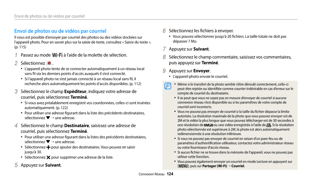 Samsung EC-WB250FFPWFR Envoi de photos ou de vidéos par courriel, Appuyez sur Suivant Sélectionnez les fichiers à envoyer 