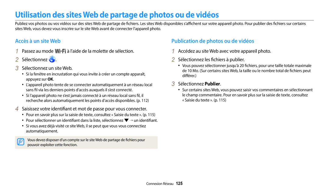 Samsung EC-WB250FBPBFR, EC-WB250FFPBFR Utilisation des sites Web de partage de photos ou de vidéos, Accès à un site Web 