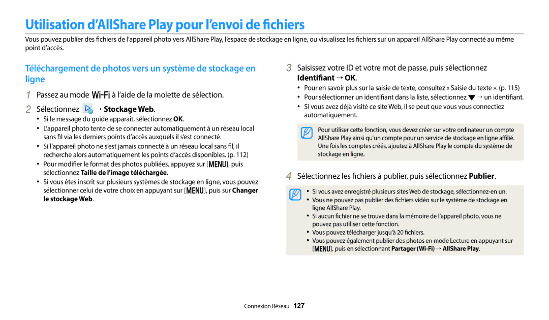 Samsung EC-WB252FBDBFR, EC-WB250FBPBFR, EC-WB250FFPBFR, EC-WB250FBPWFR Utilisation d’AllShare Play pour l’envoi de fichiers 