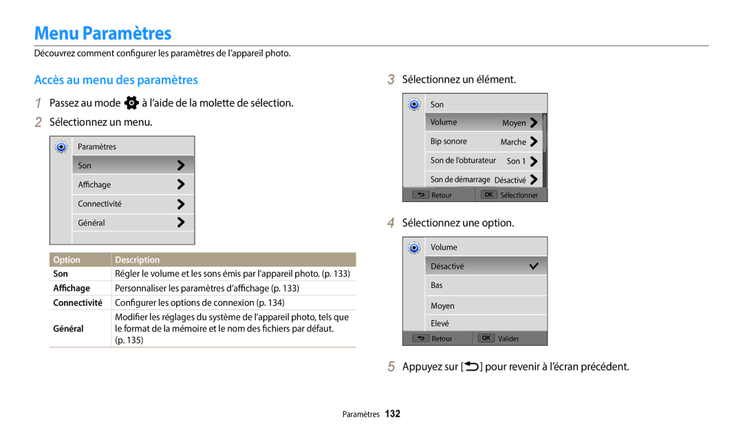 Samsung EC-WB250FFPBFR, EC-WB250FBPBFR manual Menu Paramètres, Accès au menu des paramètres, Sélectionnez un élément 