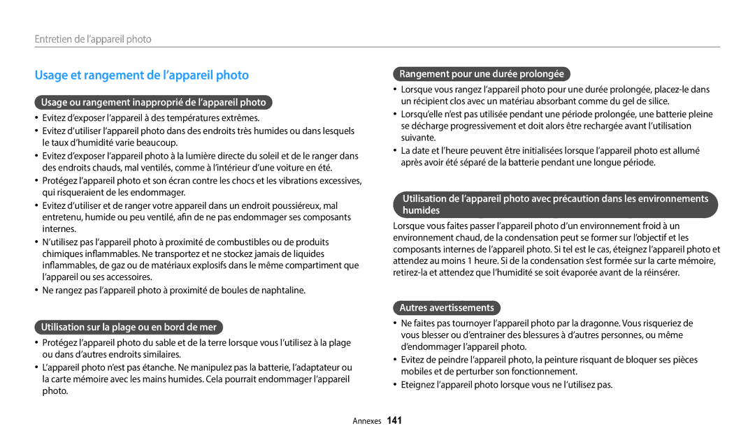 Samsung EC-WB252FBDWFR manual Usage et rangement de l’appareil photo, Usage ou rangement inapproprié de l’appareil photo 