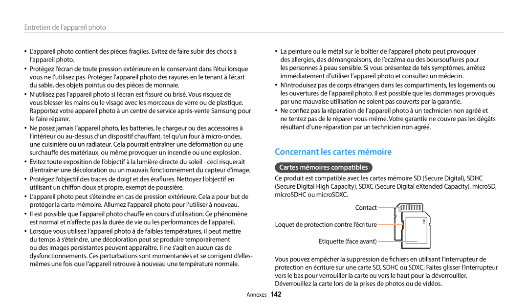 Samsung EC-WB250FFPWFR, EC-WB250FBPBFR, EC-WB250FFPBFR manual Concernant les cartes mémoire, Cartes mémoires compatibles 