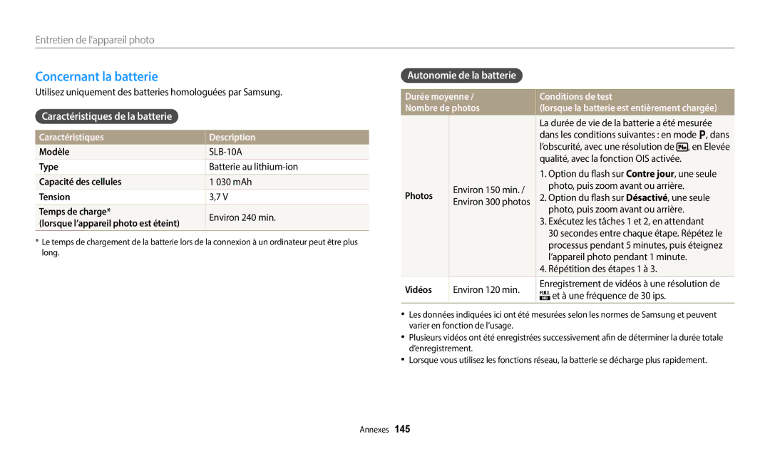 Samsung EC-WB252FBDBFR manual Concernant la batterie, Caractéristiques de la batterie, Caractéristiques Description 