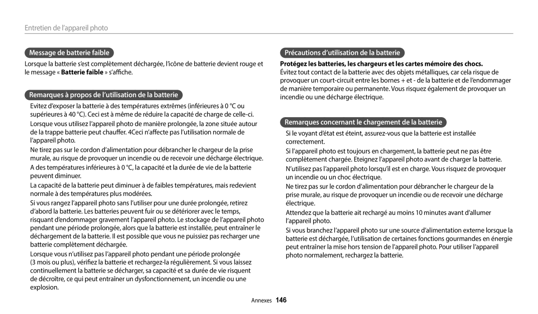 Samsung EC-WB250FBPWFR, EC-WB250FBPBFR manual Message de batterie faible, Remarques à propos de l’utilisation de la batterie 