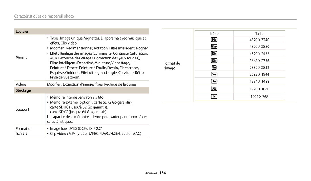 Samsung EC-WB250FFPWFR, EC-WB250FBPBFR, EC-WB250FFPBFR, EC-WB252FBDBFR, EC-WB250FBPWFR, EC-WB252FBDWFR manual Stockage 