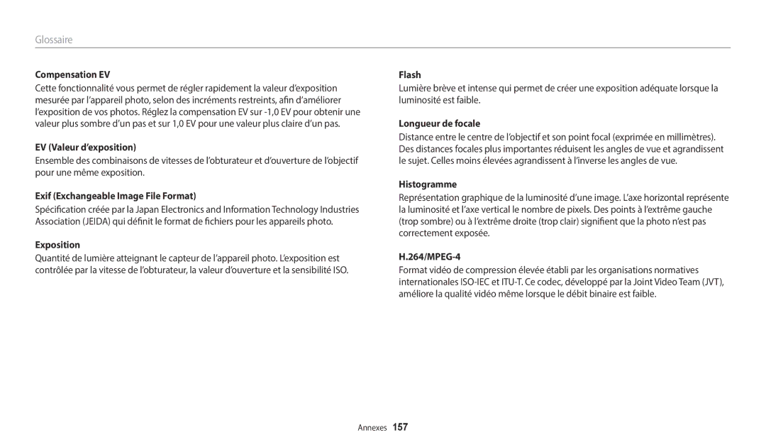 Samsung EC-WB252FBDBFR Compensation EV, EV Valeur d’exposition, Exif Exchangeable Image File Format, Longueur de focale 