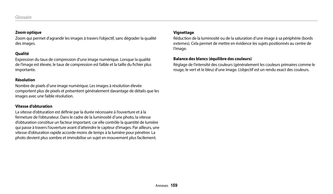 Samsung EC-WB252FBDWFR, EC-WB250FBPBFR manual Zoom optique, Qualité, Résolution, Balance des blancs équilibre des couleurs 