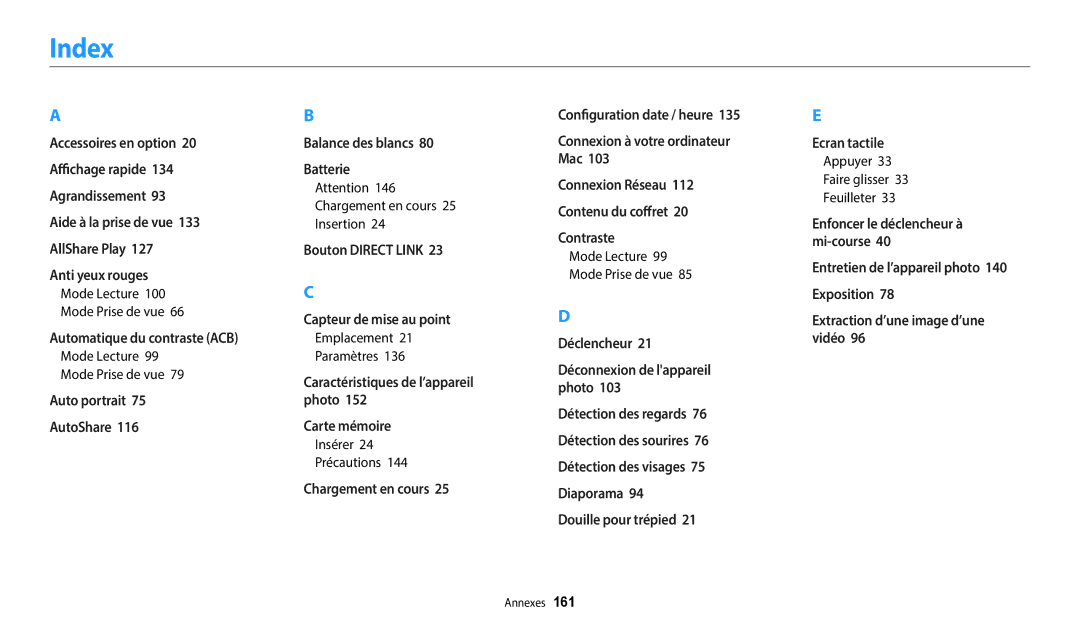 Samsung EC-WB250FBPBFR, EC-WB250FFPBFR Index, Mode Lecture Mode Prise de vue, Emplacement Paramètres, Insérer Précautions 